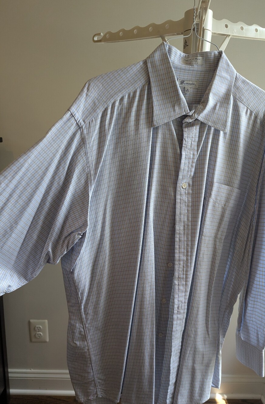 Façonnable Vintage Made in USA Plaid Button Up Shirt 18.5 L 18 1/2 XXL Blue Tan